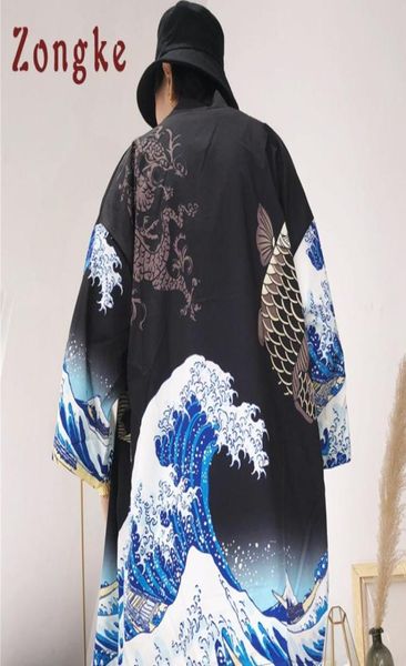 

zongke japanese kimono cardigan men wave and carp print long kimono cardigan men thin mens jacket coat 20188947187, Black;brown