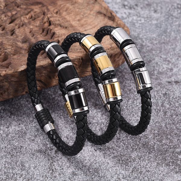 

popular men style hand braid leather bracelet cuff bangle for gift, Golden;silver