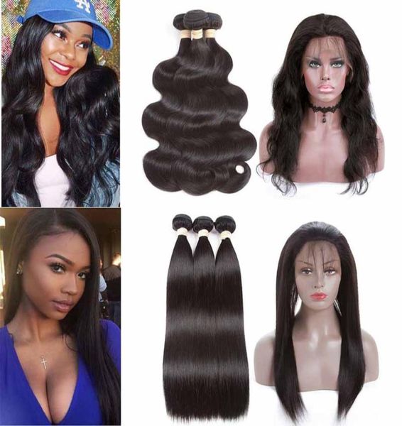 

brazilian straight 360 lace frontal closure with bundles body wave virgin human hair weave with pre plucked 360 lace frontal8873947, Black