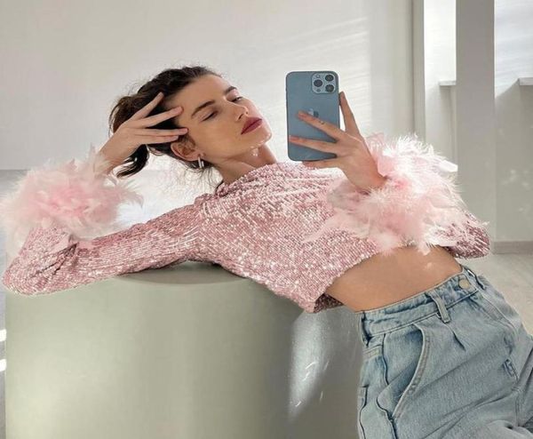 

women039s t shirts party crop t shirt women sequins glitter feather long sleeve round neck short aesthetic clothes str7212680, White