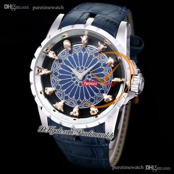 

knights of the round table chinese zodiac automatic mens watch rddbex0973 steel case blue dial brown leather super version herrenuhr reloj h, Slivery;brown