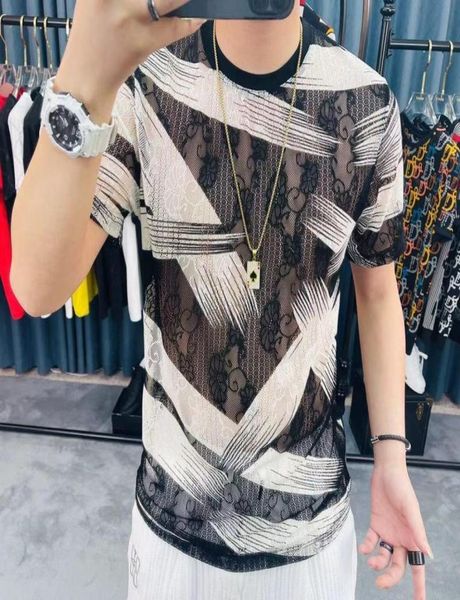 

men039s tshirts summer lace hollow print short sleeve t shirt men 2021 breathable casual slim tshirt streetwear oneck t9599659, White;black