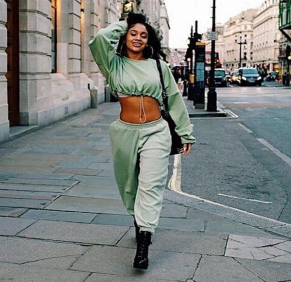 

women sport suit hoodie hooded sweatshirt short crop pants casual loose long sleeve jumper tracksuit set6001097, Black