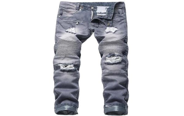 

jewuto 2020 men jeans brand hole straight moto biker jeans men denim pants for black blue5940695, Blue