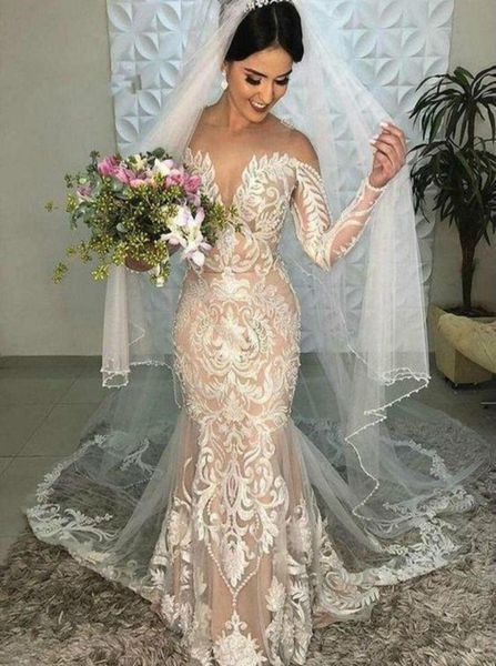 

champagne wedding dresses boho elegant lace mermaid wedding dress illusion neck long sleeves country garden bridal gowns 20204528682, White