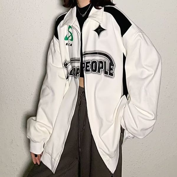 

womens jackets houzhou vintage oversize jacket women autumn harajuku letter printed casual school long sleeve zipper coat korean streetwear, Black;brown