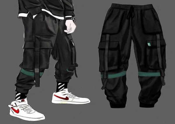 

cargo pants men solid color black loose casual jogger pocket elastic waist ankle length trousers techwear x06261571037