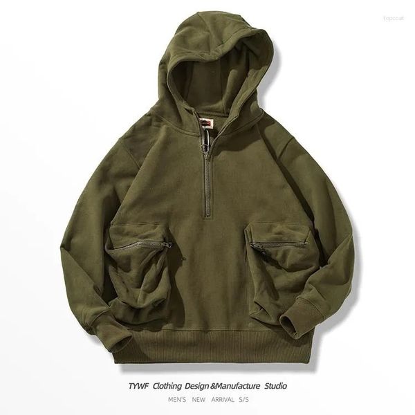

hooded cotton washed heavyweight casual functional pocket jacket, Black