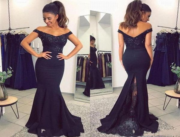 

2019 navy blue mermaid prom dress off shoulder lace appliqued evening gown elegant long formal prom evening party dress9040532, Black