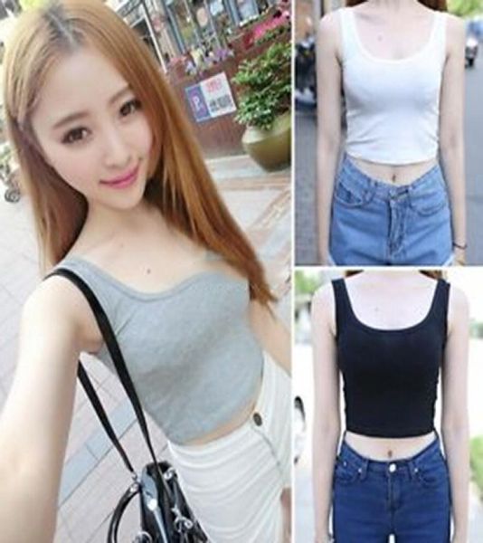 

womens crew neck casual blouse midriff crop sleeveless tshirt tank7109493, White
