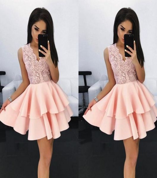 

light pink lace beaded short prom dresses two layers skirt vneck hollow back homecoming dress cocktail party evening gowns 7952297, Black