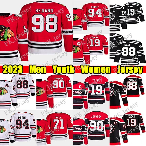 

#98 connor bedard reverse retro hockey jersey #19 jonathan toews #71 taylor hal corey perry tyler johnson patrick kane bobby orr nick folign, Black;red
