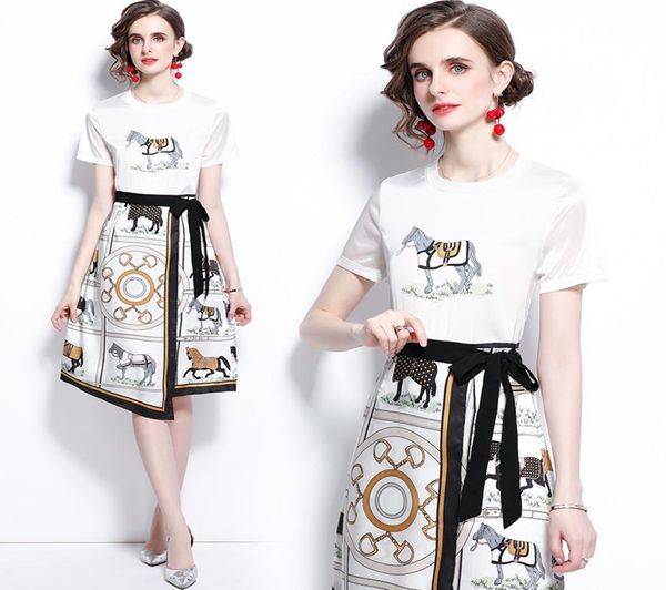 

trend womens set tshirtskirt short sleeve printed summer two piece set highend lady irregular trendy sets fashion work casual s9816455, White