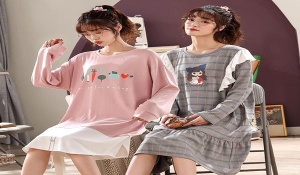 

2020 autumn korean cotton long sleeve nightgowns for women cute cartoon sleepwear femme night dress home dress nightdress nighty2335158, Black;red