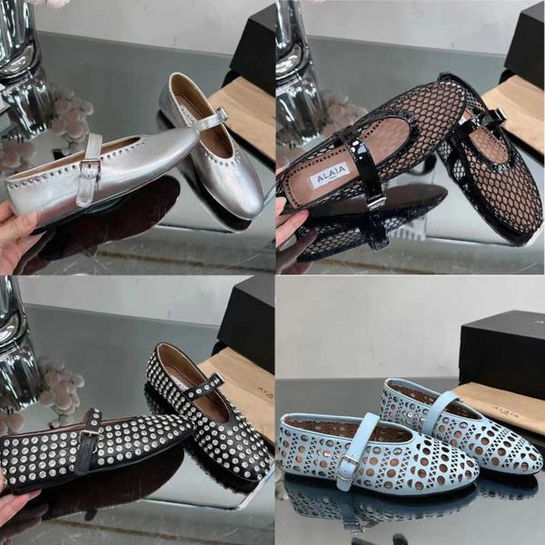 

elegant women alaia dress shoes designer shoes round toe rhinestone flat shoes luxury leather rivet buckles mary jane shoes comfortable ball, Black