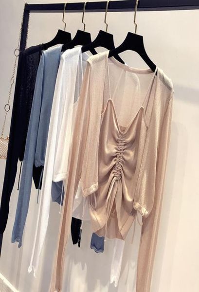 

two piece matching sets spring thin sunscreen knitted cardigan camis sling twopiece female suit vneck drawstring9270172, White