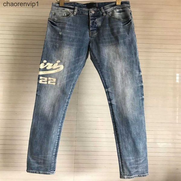 

2023 mens jeans pants washing ripped high street fashion detail knee black 22 letter embroidery men slim motorcycle for mens vintage distres, Blue