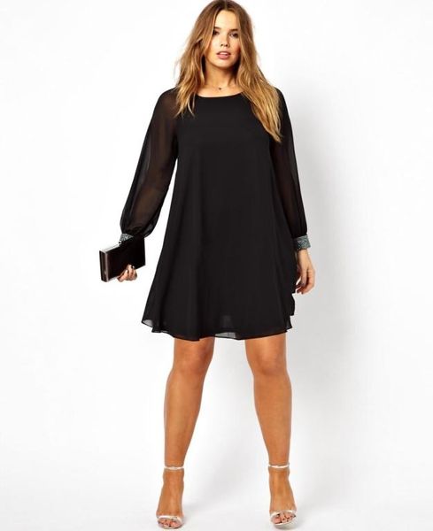 

pretty beads a line plus size prom dresses crew neckline long sleeves short mini chiffon party dress5689685, Black