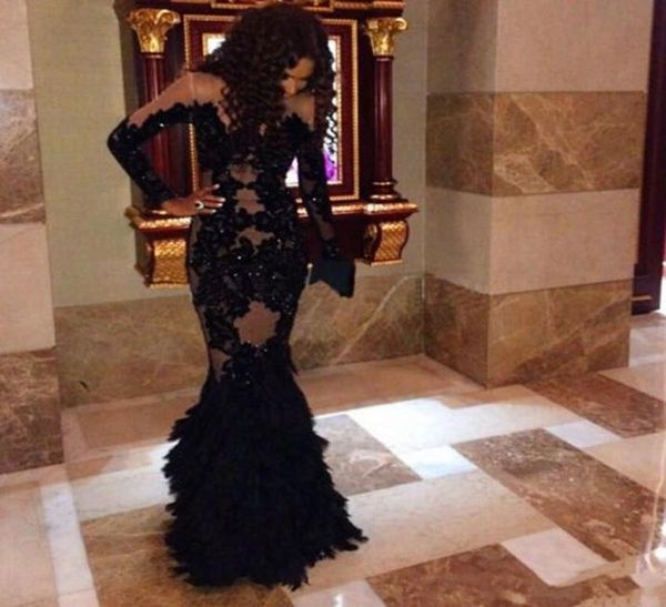 

2020 new prom dresses long sleeves lace appliques feather see through robe soiree mermaid party dresses evening gowns 1672943974, Black;red