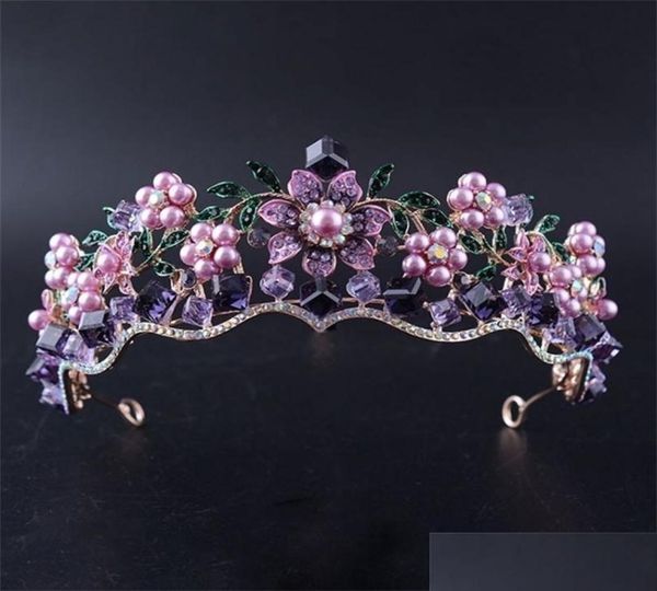 

wedding hair jewelry luxury baroque purple crystal pearl bridal crown tiara magnificent diadem for bride headband acces otewa7784034, Slivery;golden