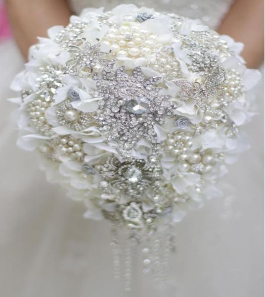 

white hydrangea drop brooch bouquet silver wedding bouquets crystal teardrop bridal bouquet pearl tassels decor41796024454875