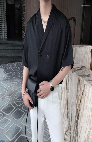 

men039s casual shirts summer suit collar short sleeve button up shirt for men loose thin korean fashion solid color drape tshir6429493, White;black