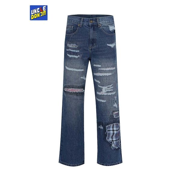 

mens jeans paisley patchwork for men blue y2k hip hop ripped pants retro trousers denim 230809