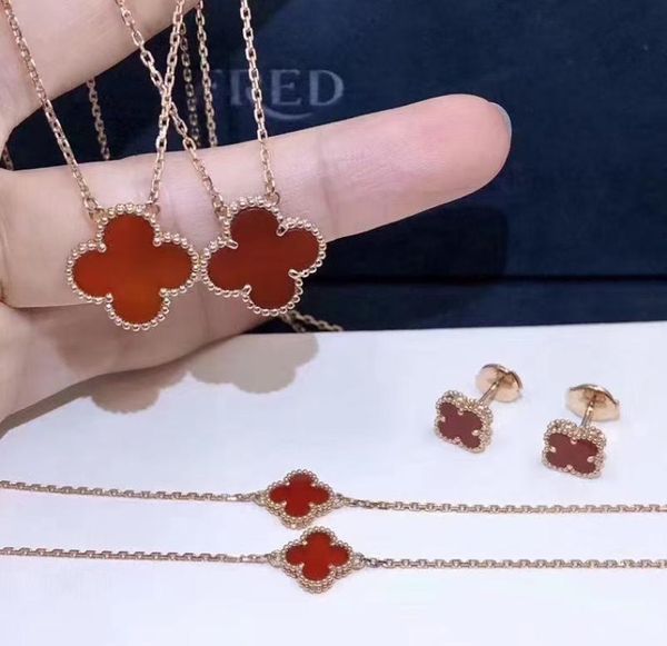 

chinese red clover s925 silver necklace bracelet female earrings original design high version seamless technology1717384
