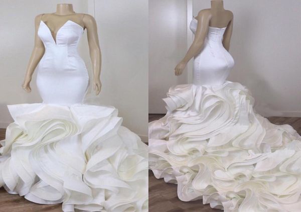 

2020 new white cascading ruffles organza mermaid wedding dresses backless sweetheart long train bridal mermaid wedding g6117397