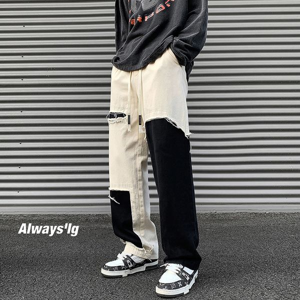 

mens pants hybskr american style street patchwork trousers man loose staight fashion contrast casual large size hip hop y2k 230809, Black