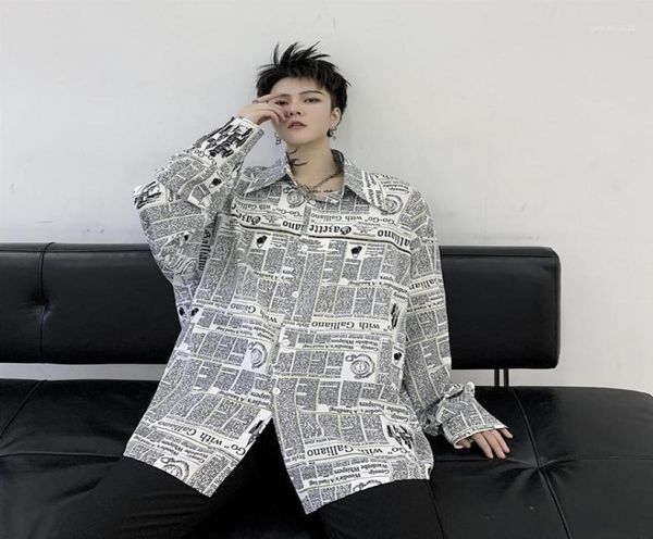 

male streetwear hip hop vintage fashion shirts men newspaper print casual loose long sleeve shirt2949822, White;black