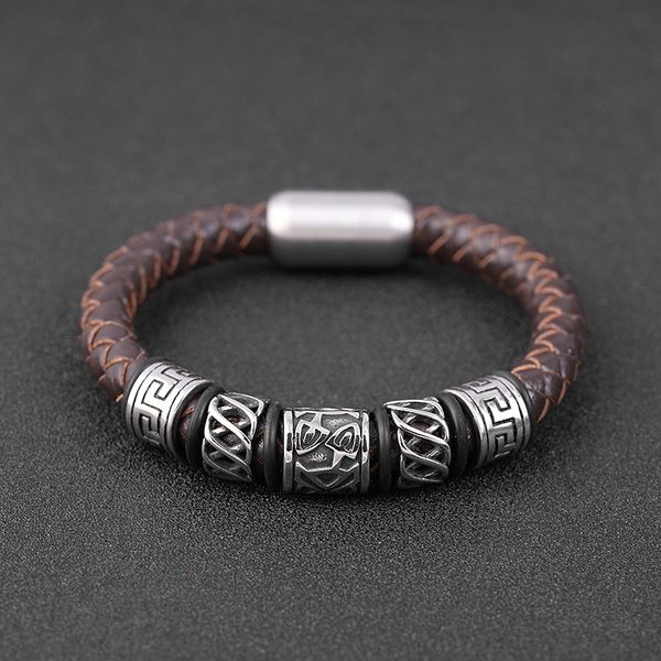 

vintage braid genuine leather stainless steel beads charm bracelet jewelry for men gift, White