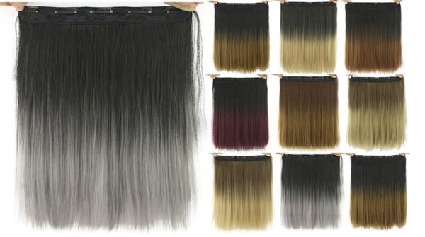 

24quot long straight black to gray natural color women ombre hair high tempreture synthetic hairpiece clip in hair extensions1246709, Black;brown