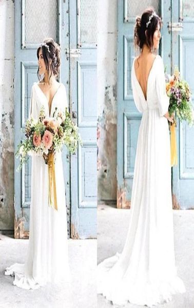 

casual beach wedding dresses half sleeve deep v neck bakcless chiffon floor length bridal gowns vestidos de noiva custom size316888668018, White