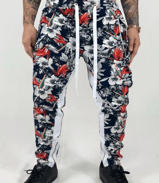 

men039s pants men hawaiian sweatpants casual elastic printed sweat hip hop trousers ripped slim high street1493592, Black