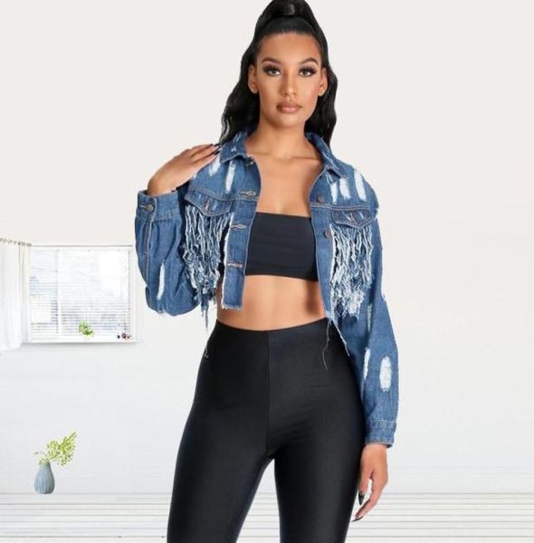 

streetwear cropped denim jacket women long sleeve tassel crop blue jean jackets oversized female outwear plus size 3xl 4xl 5xl3480443, Black;brown