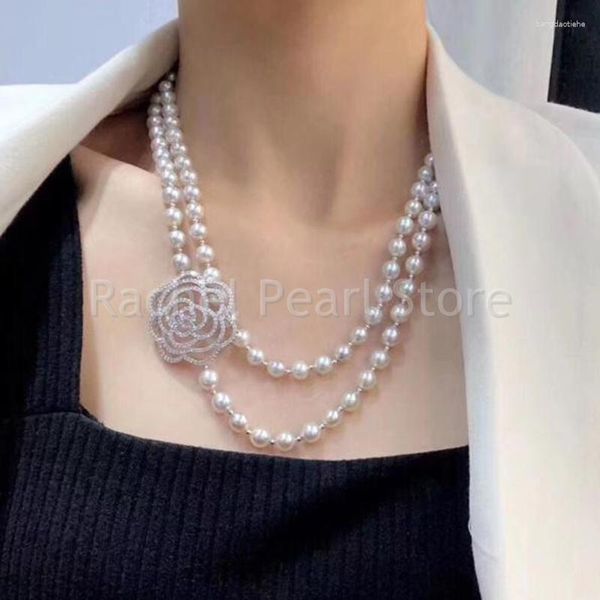 

chains hand knotted natural 90cm 2 strand 7.5-8mm white akoya pearl necklace fine jewelry, Silver