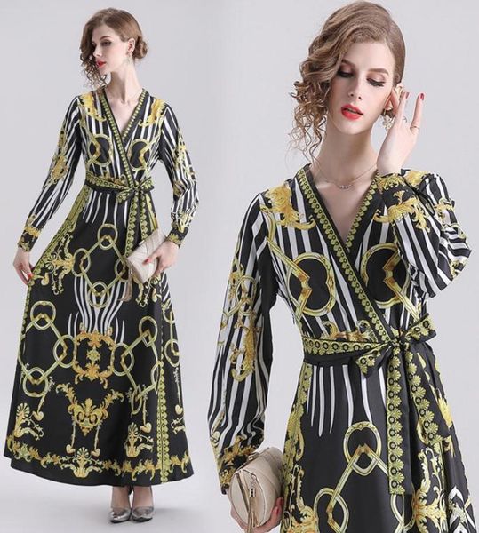 

2020 spring summer fall runway baroque print v neck sashes belt long sleeve women ladies casual party luxury maxi robe dresses4391207, Black;gray