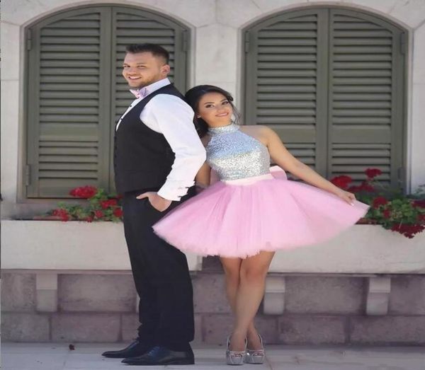 

lovely pink short prom dresses high neck halter sequins silver puffy skirt cocktail party dresses sparkly arabic indian homecoming8327047, Black