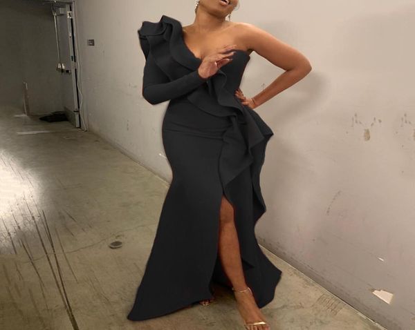 

one shoulder party long dress elegant evening women bodycon split female ruffle formal maxi dresses autumn black gothic3527401, Black;gray