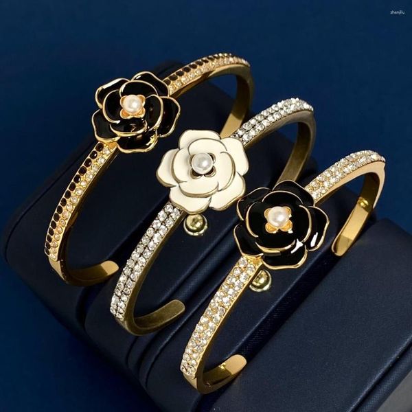 

bangle resin pearl flower half circle black and white c-shaped opening bracelet