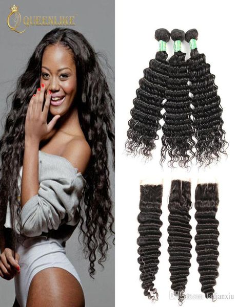 

unprocessed brazilian virgin human 3 hair bundles with 4x4 closure deep wave 1b color wedding online vendors queenlike 7a silver g7054644, Black;brown