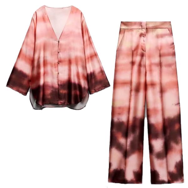 

womens two piece pants early autumn fashion womens casual vneck longsleeved tiedye printed silk satin texture shirt high waist trousers 2308, White