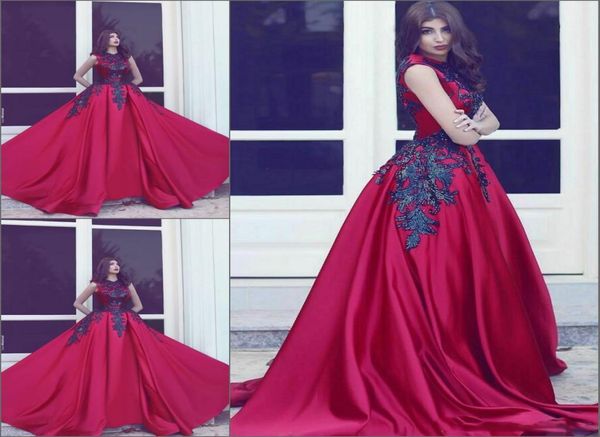 

2017 dark red formal evening dresses o neck sleeveless appliques sequins beaded satin long black arabic dresses ball gown prom dre9412179, Black;red