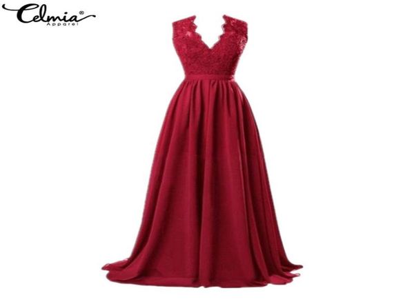

celmia women deep v neck sleeveless lace summer maxi long dress casual elegant party formal dress plus size vestidos j1906148323957, Black;pink