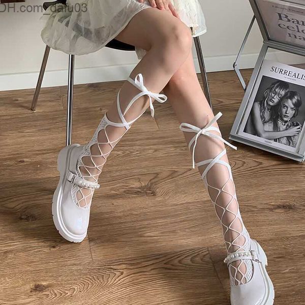 

socks hosiery silk stockings lace women's cross socks tape explosion-proof fishnet party 2 storage method of z230811, Black;white