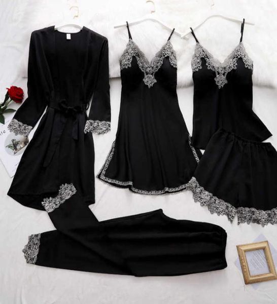 

women039s imitation silk multicolor lace edge charm temptation home clothes five piece set1621720, Black;red