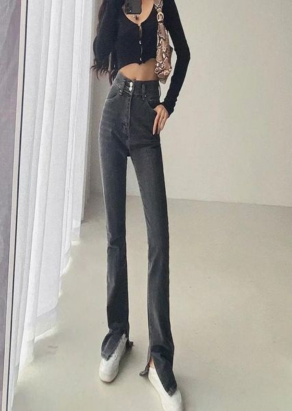 

slim jeans with high waist and floorlength slit01234569714658, Blue