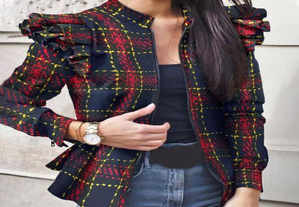 

autumn camouflage print ruffled jackets women slim oneck ruffles elegant jacket female winter fashion casual ladies coats 2010073382379, Black;brown