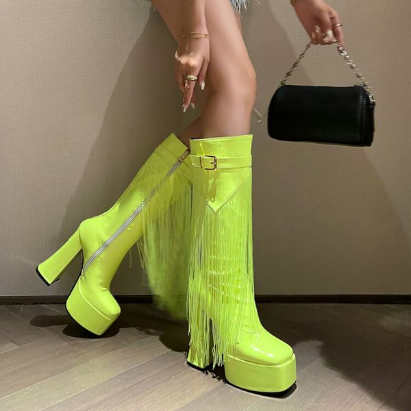 

boots 2023 escent green patent leather platform knee 34 tassel square head side zipper street performer fashion 230810, Black